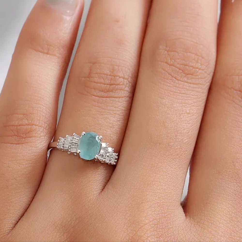 RARE Natural Grandidierite & Diamond Baguettes in Platinum/925 Ring Size 7! - Picture 4 of 5